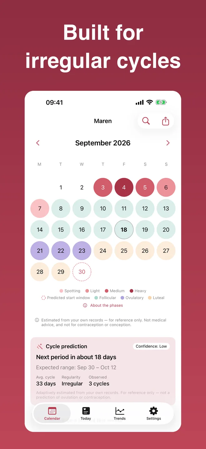 Maren calendar showing cycle phases and logged entries.