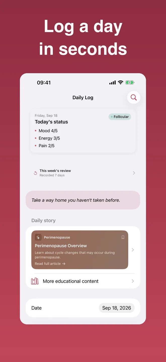 Maren Today screen for logging daily mood, symptoms, and body signals.