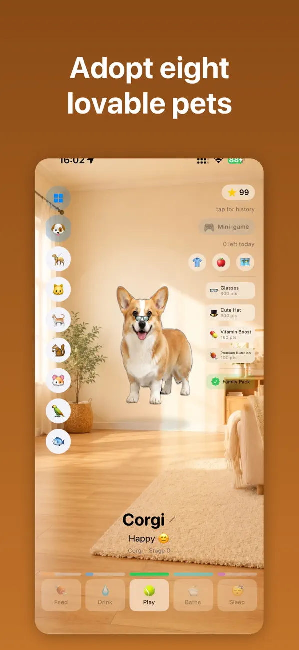 Corgi in the home scene with the pet rail, care meters, and care-action buttons