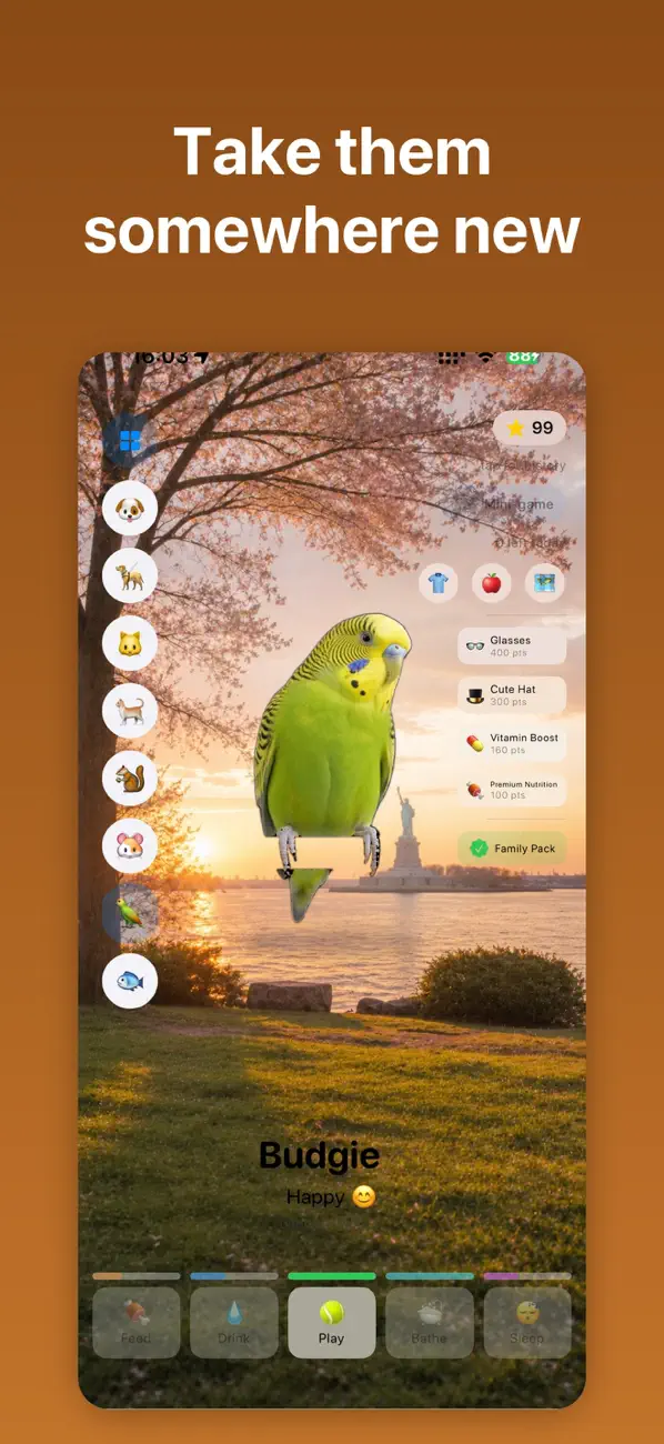 Budgie in a cherry-blossom scene with the pet rail and care controls