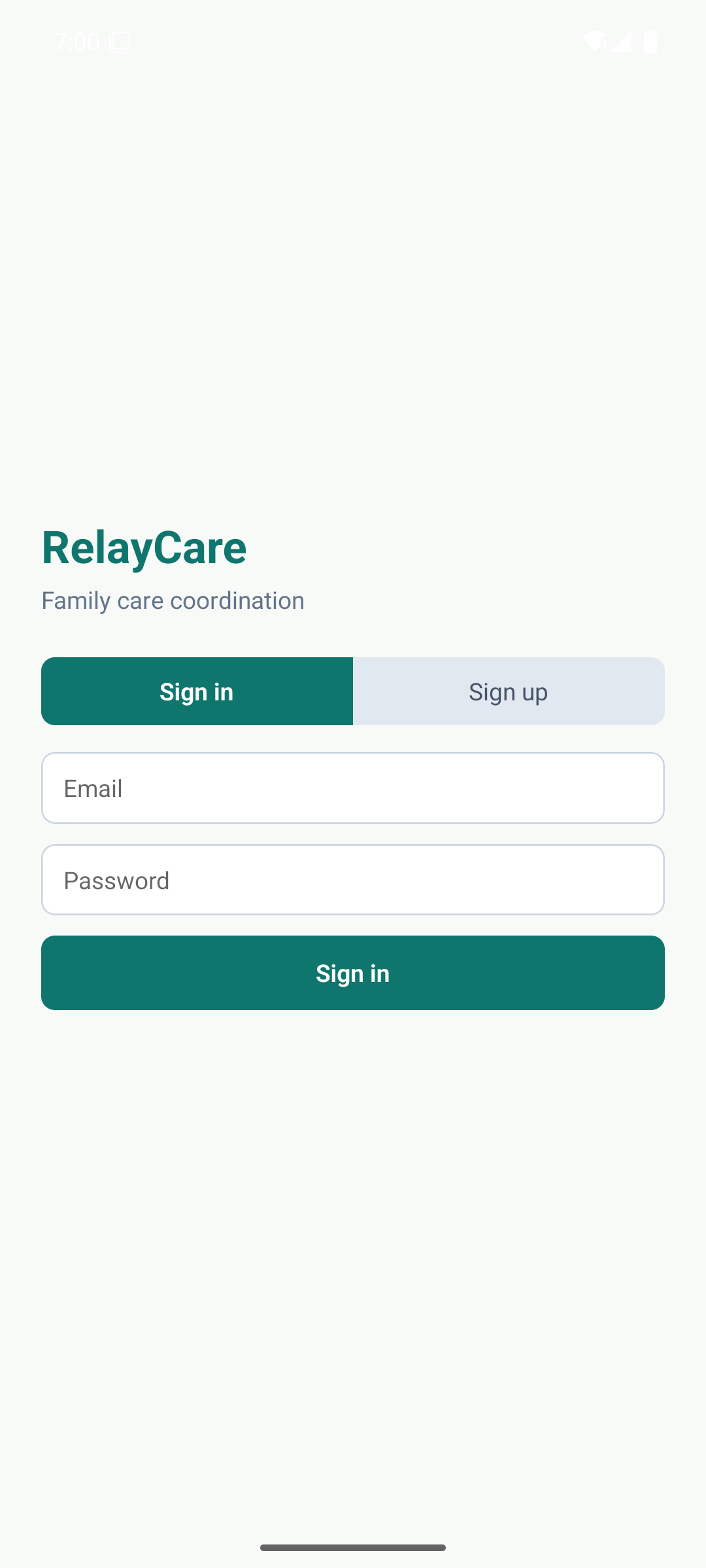 TaskKin Care Android sign-in screen