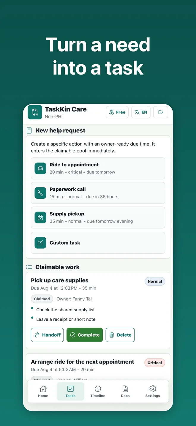 Current App Store screenshot of TaskKin Care on iPhone: a new help request and claimable work.
