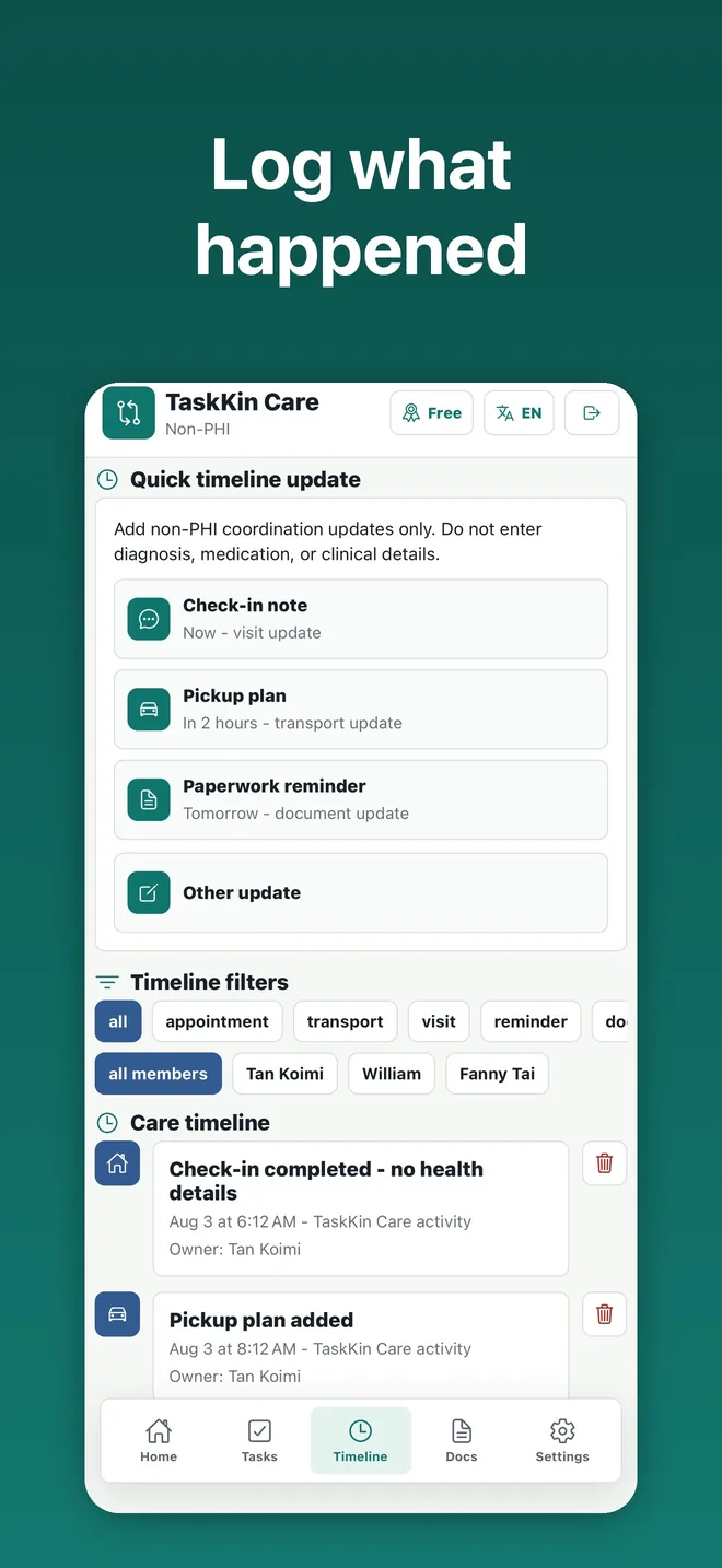 Current App Store screenshot of TaskKin Care on iPhone: a quick timeline update, filters, and the care timeline.