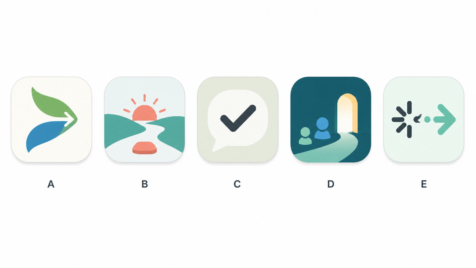 Five StartKind app icon concepts labeled A through E